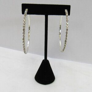Silver Plated Clear Rhinestone Crystal Hoop Pierced Earrings Sparkle Bling